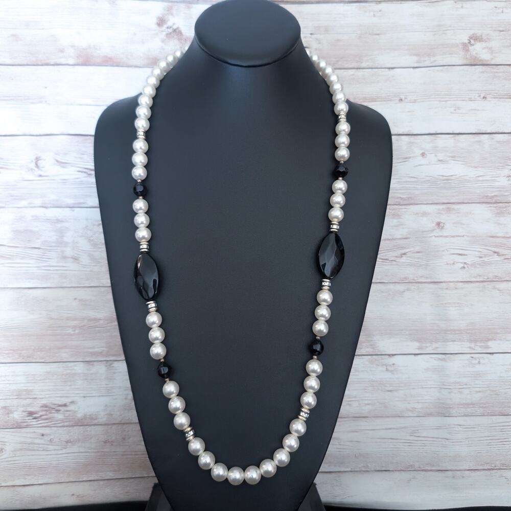 Vintage Necklace Long Faux Pearl with Black & Gold Tone/Silver Tone Accents